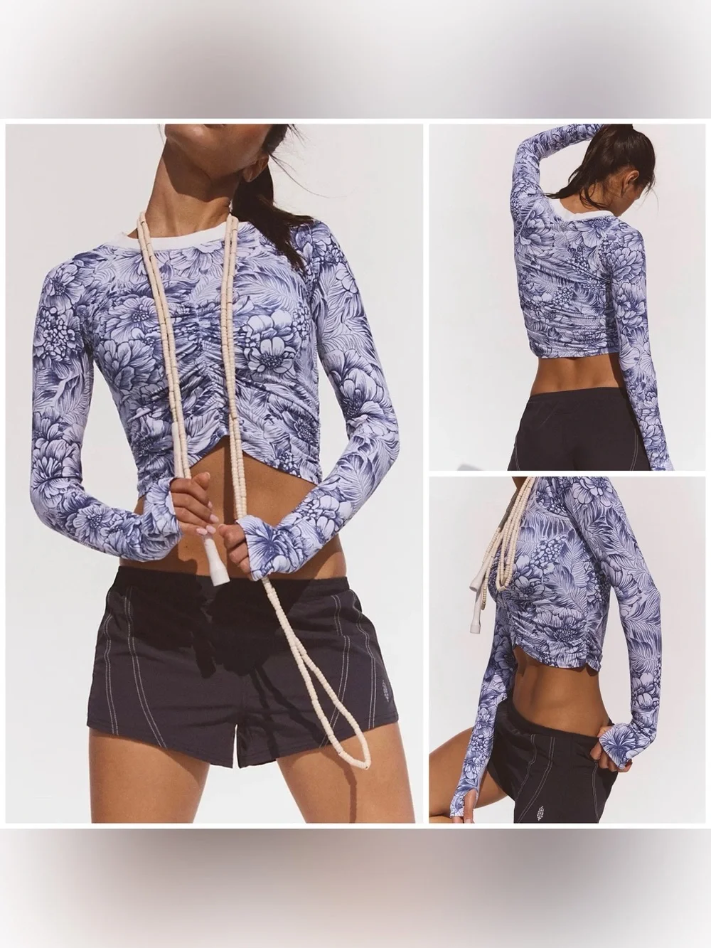 NWOT Free People FP Movement Tempo Ruched Printed Long Sleeve - navy floral - S